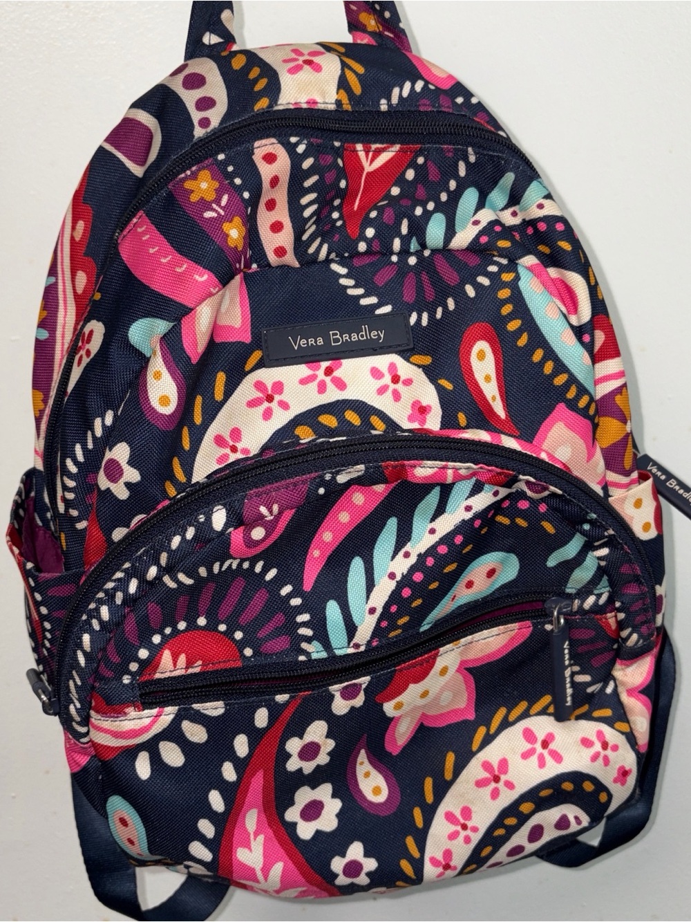 Vera Bradley Navy Paisley Mini Backpack with Pink, Teal & Gold Accents